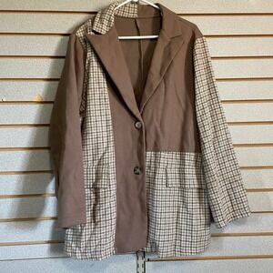 SHEIN Curve‎ Blazer Jacket 1XL Brown Plaid Patchwork Business Casual